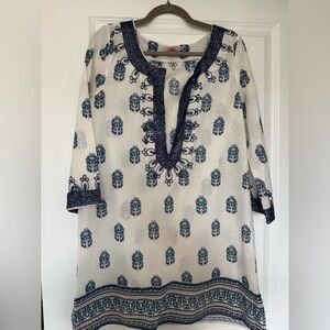 Calypso St. Barth Blue and Cream Embroidered Top